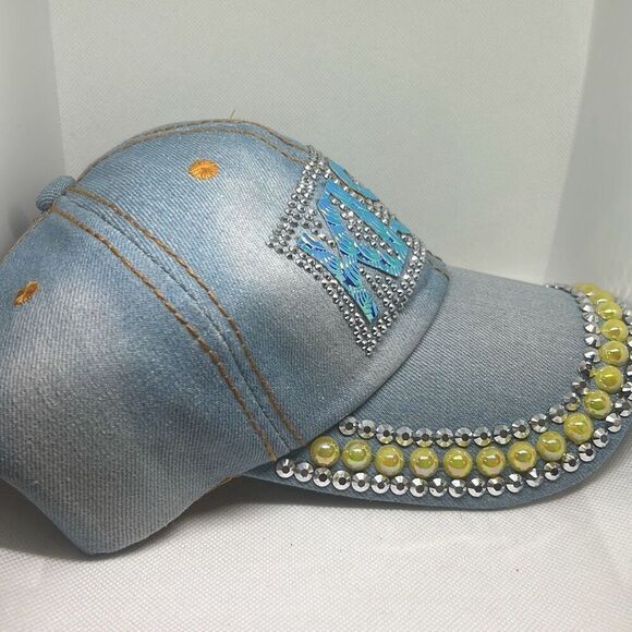 KISS Embellished Denim Baseball Cap with Yellow Rhinestones - Picture 3 of 3